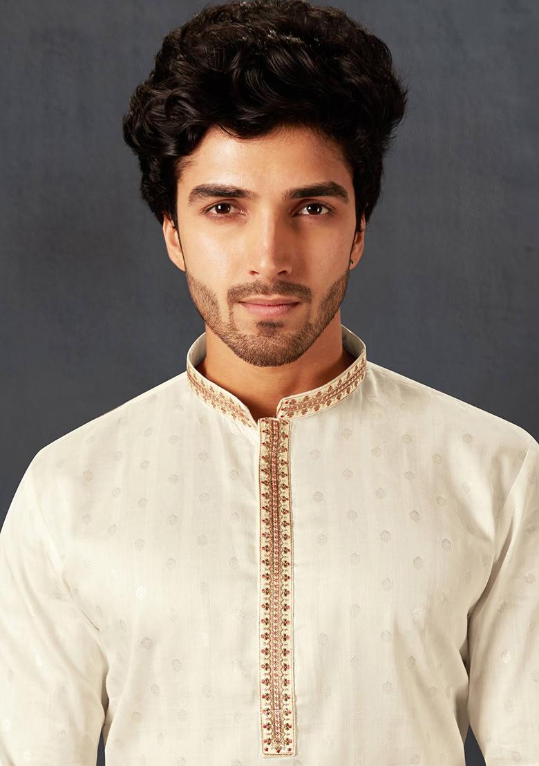 White Solid Cotton Kurta Set For Men