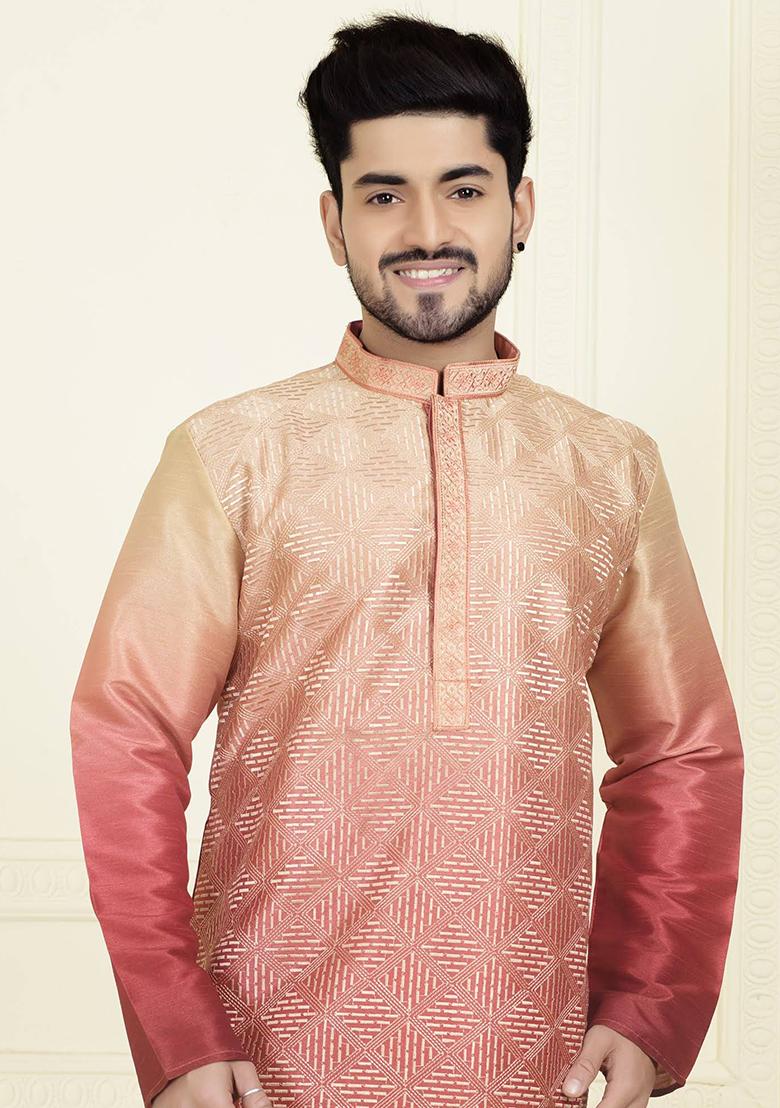 Peach Solid Silk Kurta Set For Men