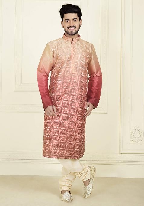 Peach Solid Silk Kurta Set For Men — view on Indya