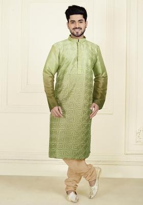 Green Solid Silk Kurta Set For Men