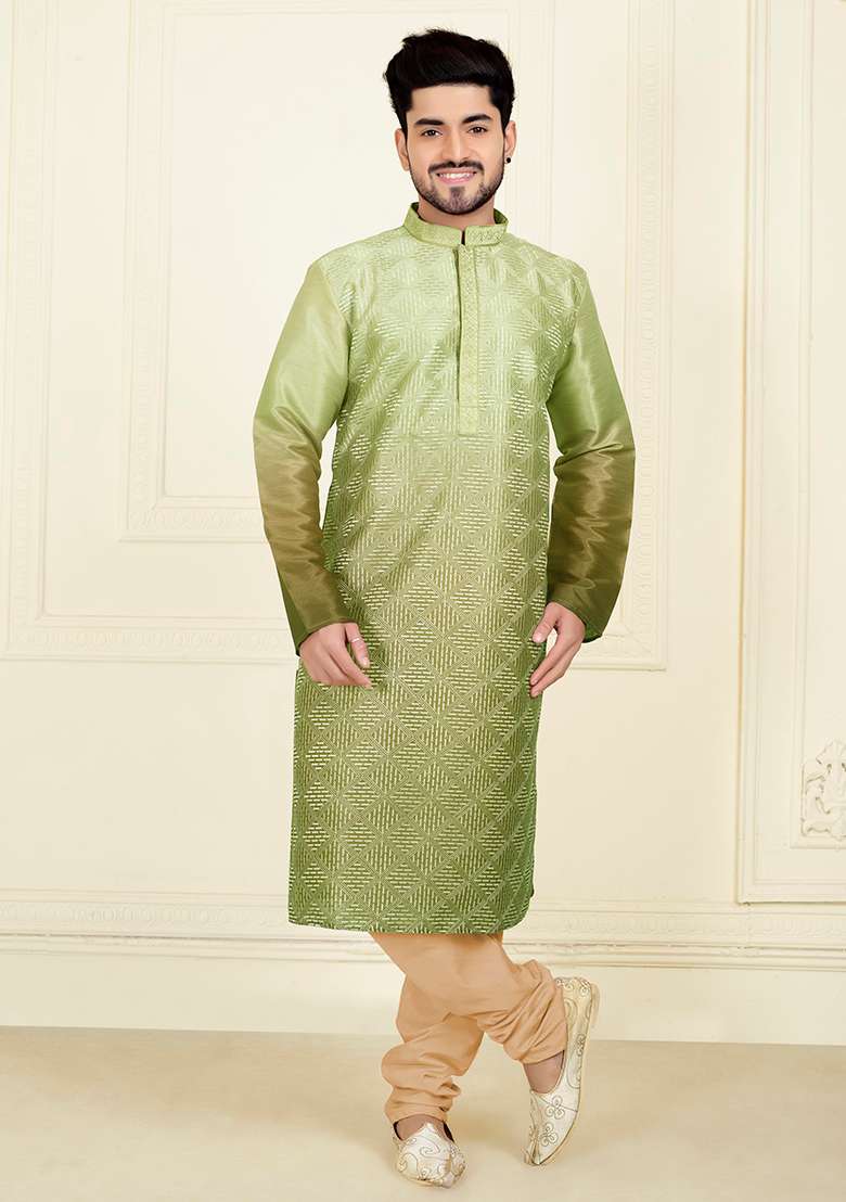 Green Solid Silk Kurta Set For Men - Indya