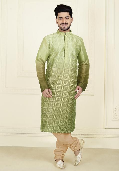 Green Solid Silk Kurta Set For Men — view on Indya