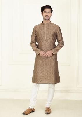 Dark Brown Solid Jacquard Kurta Set For Men