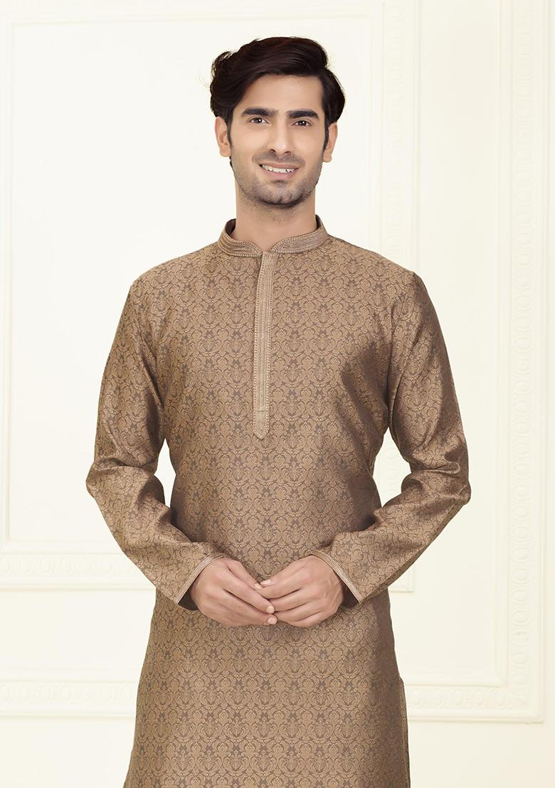 Dark Brown Solid Jacquard Kurta Set For Men