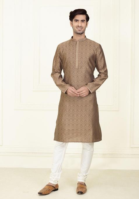 Dark Brown Solid Jacquard Kurta Set For Men — view on Indya