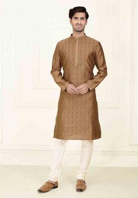 Brown Solid Jacquard Kurta Set For Men
