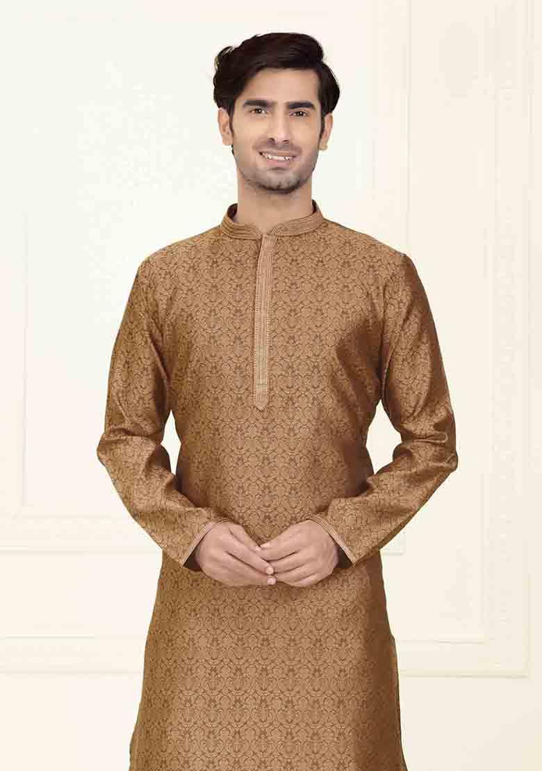 Brown Solid Jacquard Kurta Set For Men