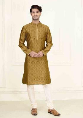 Musturd Solid Jacquard Kurta Set For Men