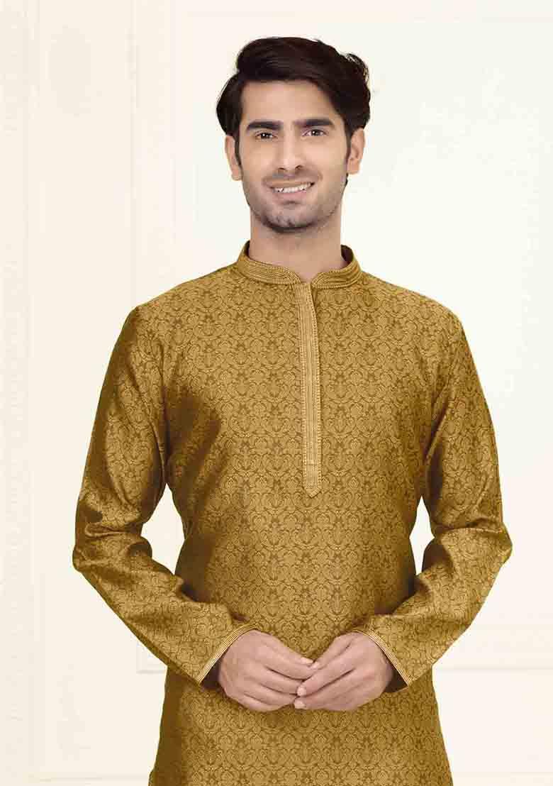 Musturd Solid Jacquard Kurta Set For Men