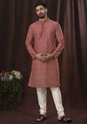 Pink Solid Silk Kurta Set For Men