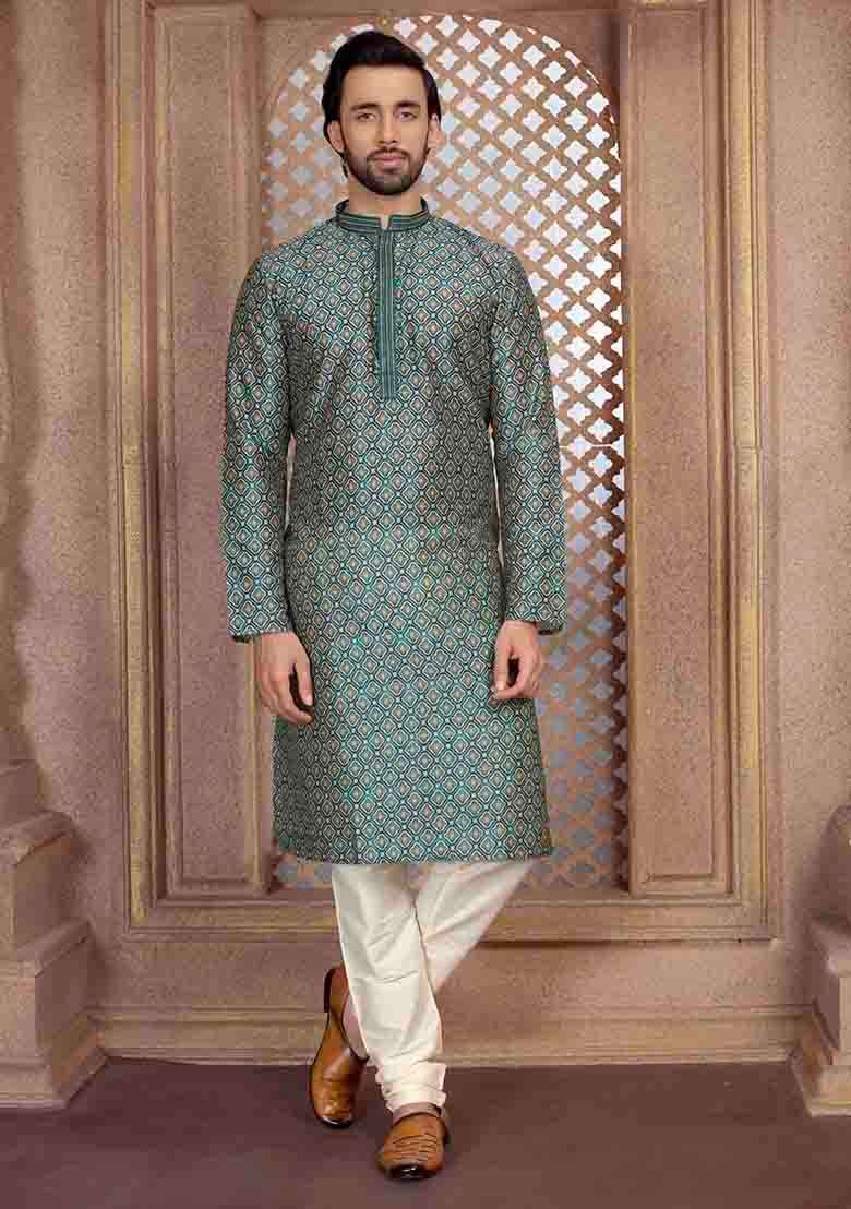 Green Solid Silk Kurta Set For Men - Indya