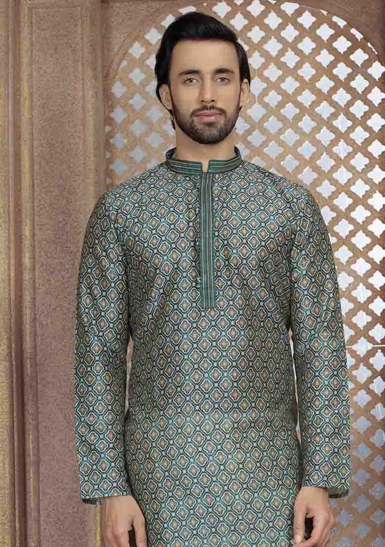 Green Solid Silk Kurta Set For Men