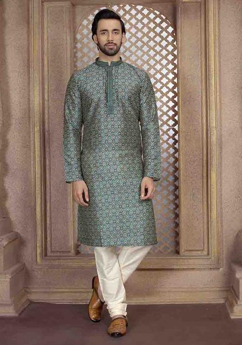 Green Solid Silk Kurta Set For Men