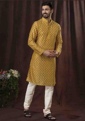 Musturd Solid Silk Kurta Set For Men