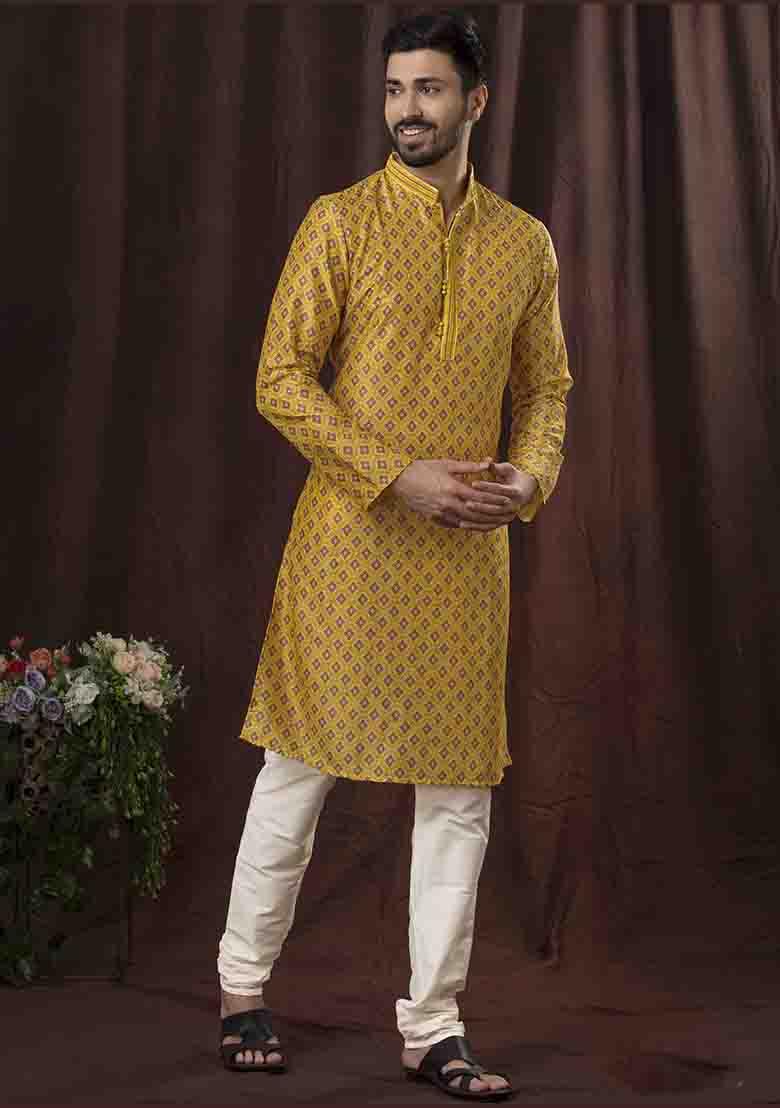 Musturd Solid Silk Kurta Set For Men