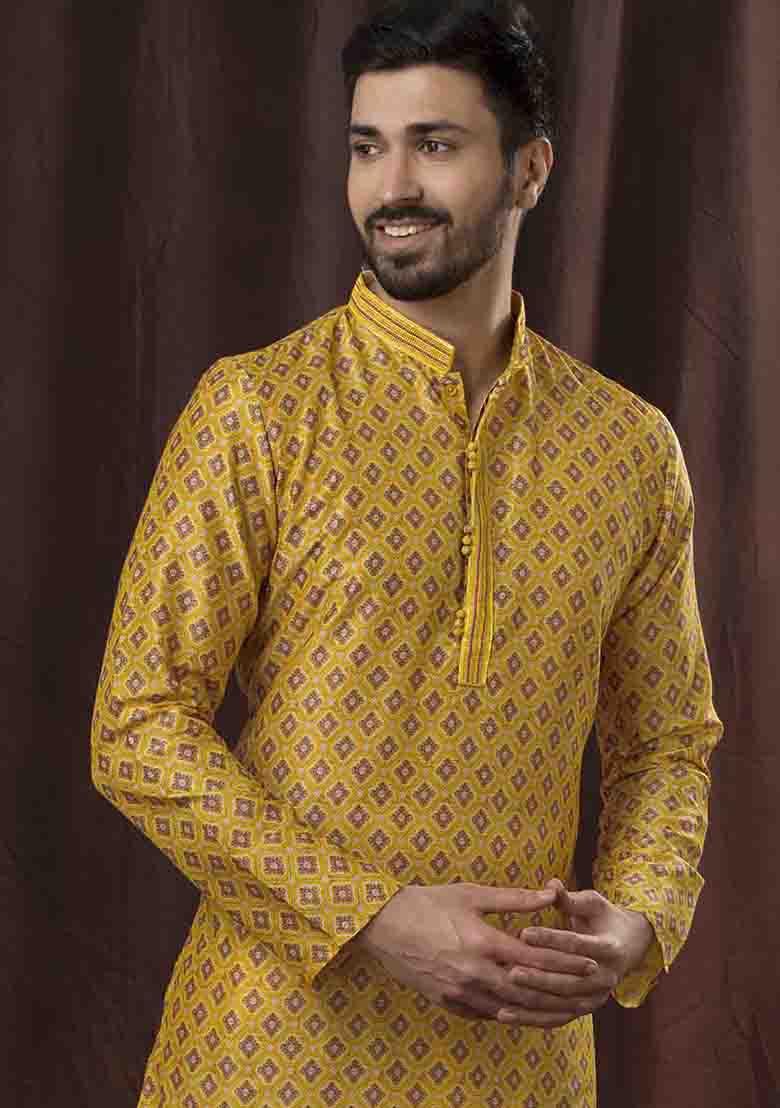 Musturd Solid Silk Kurta Set For Men
