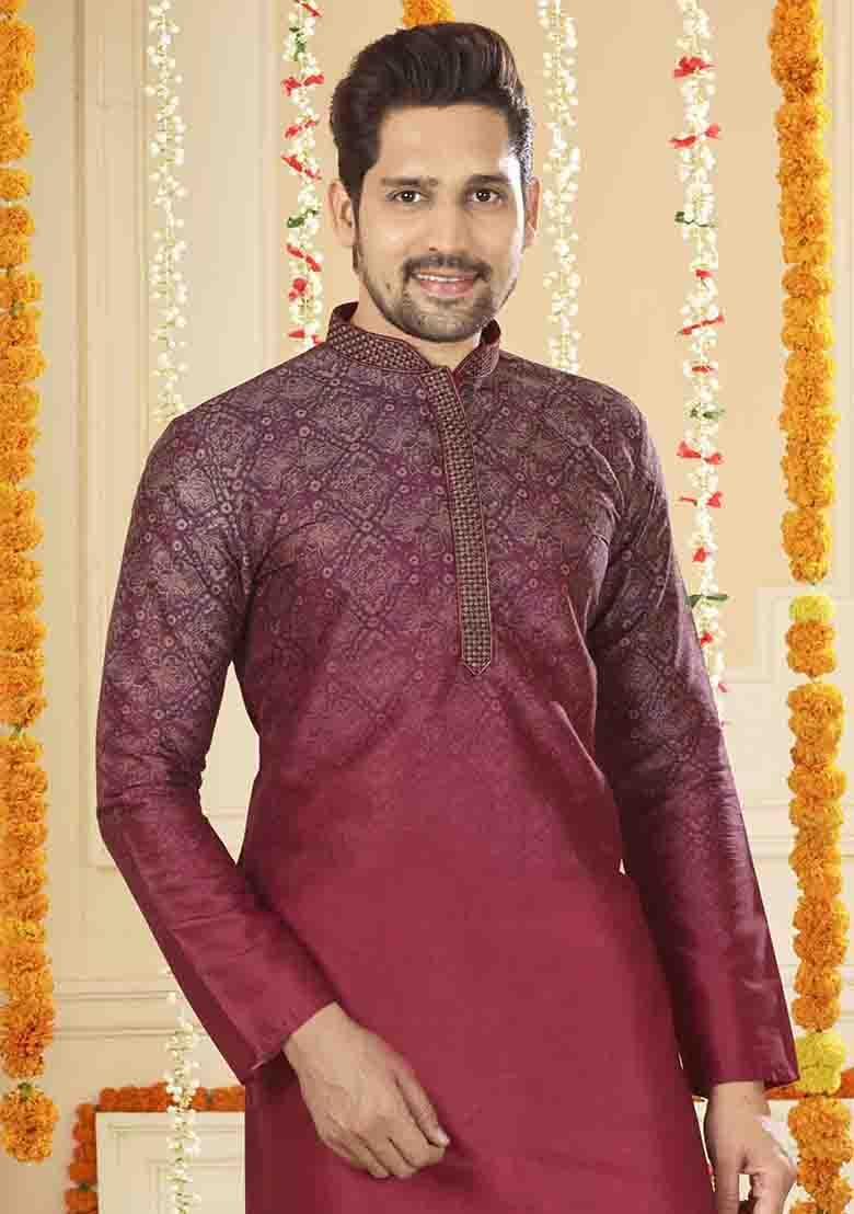 Maroon Solid Silk Kurta Set For Men