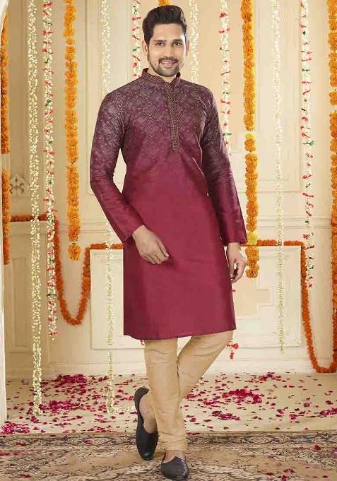 Maroon Solid Silk Kurta Set For Men