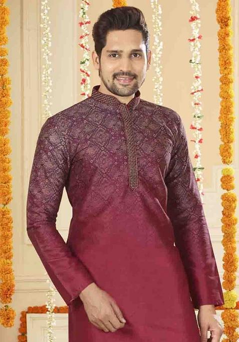 Maroon Solid Silk Kurta Set For Men