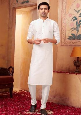 White Solid Silk Kurta Set For Men