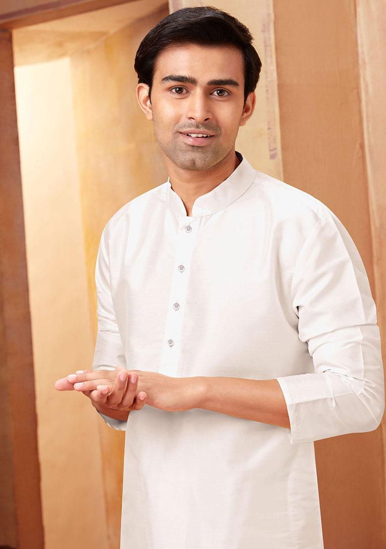 White Solid Silk Kurta Set For Men