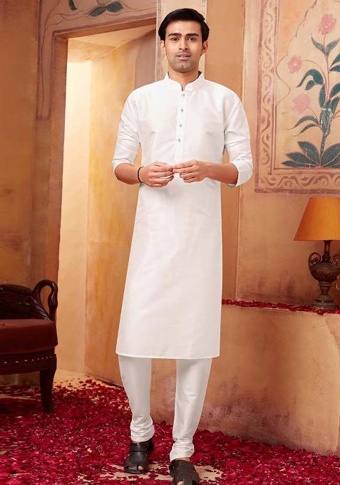 White Solid Silk Kurta Set For Men — view on Indya