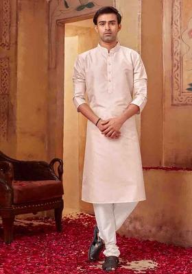 Light Pink Solid Silk Kurta Set For Men