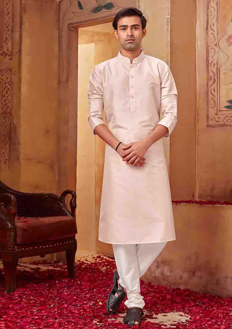 Light Pink Solid Silk Kurta Set For Men