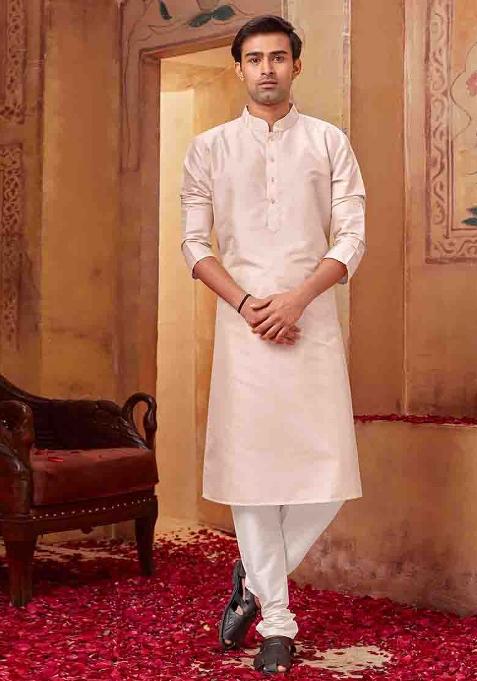 Light Pink Solid Silk Kurta Set For Men — view on Indya