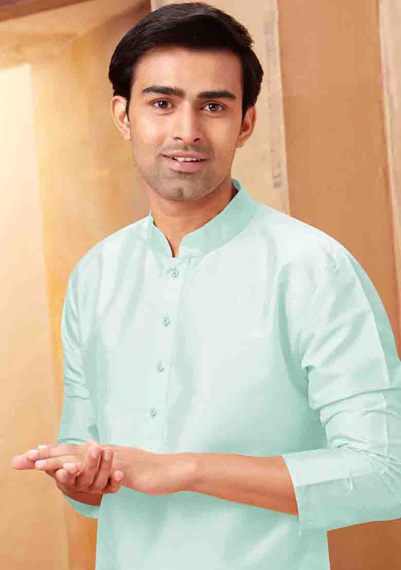 Aqua Blue Solid Silk Kurta Set For Men