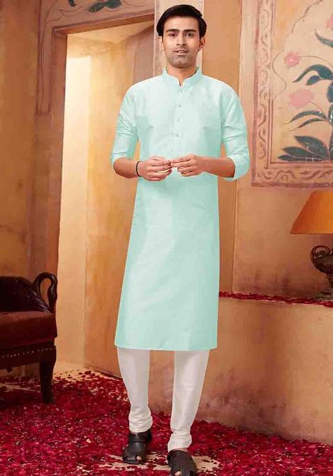 Aqua Blue Solid Silk Kurta Set For Men — view on Indya