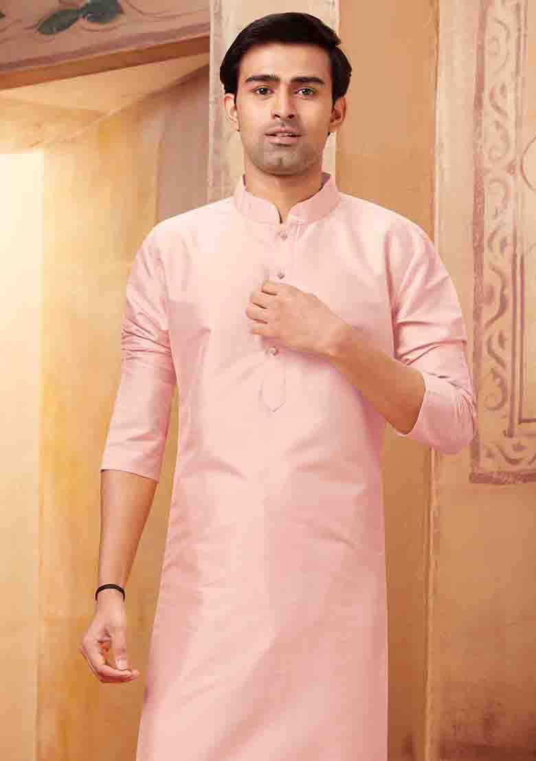 Pink Solid Silk Kurta Set For Men