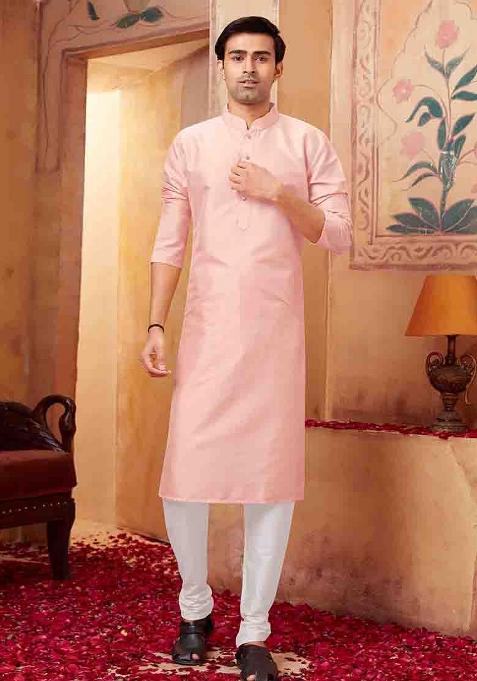Pink Solid Silk Kurta Set For Men — view on Indya