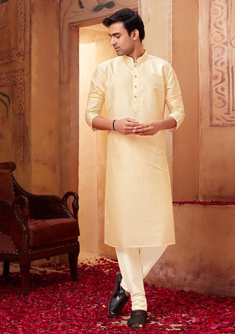 Light Beige Solid Silk Kurta Set For Men