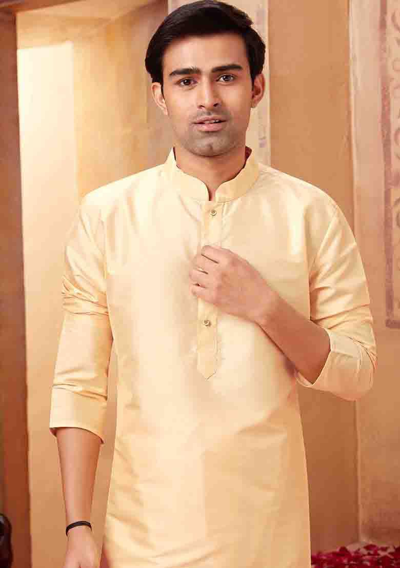 Light Beige Solid Silk Kurta Set For Men