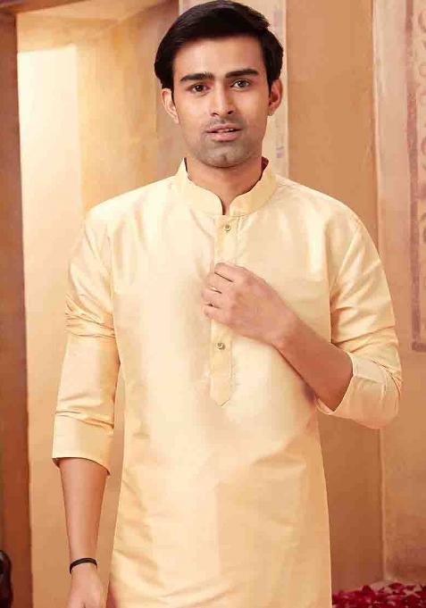Light Beige Solid Silk Kurta Set For Men