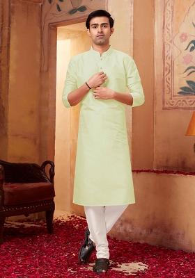 Light Green Solid Silk Kurta Set For Men