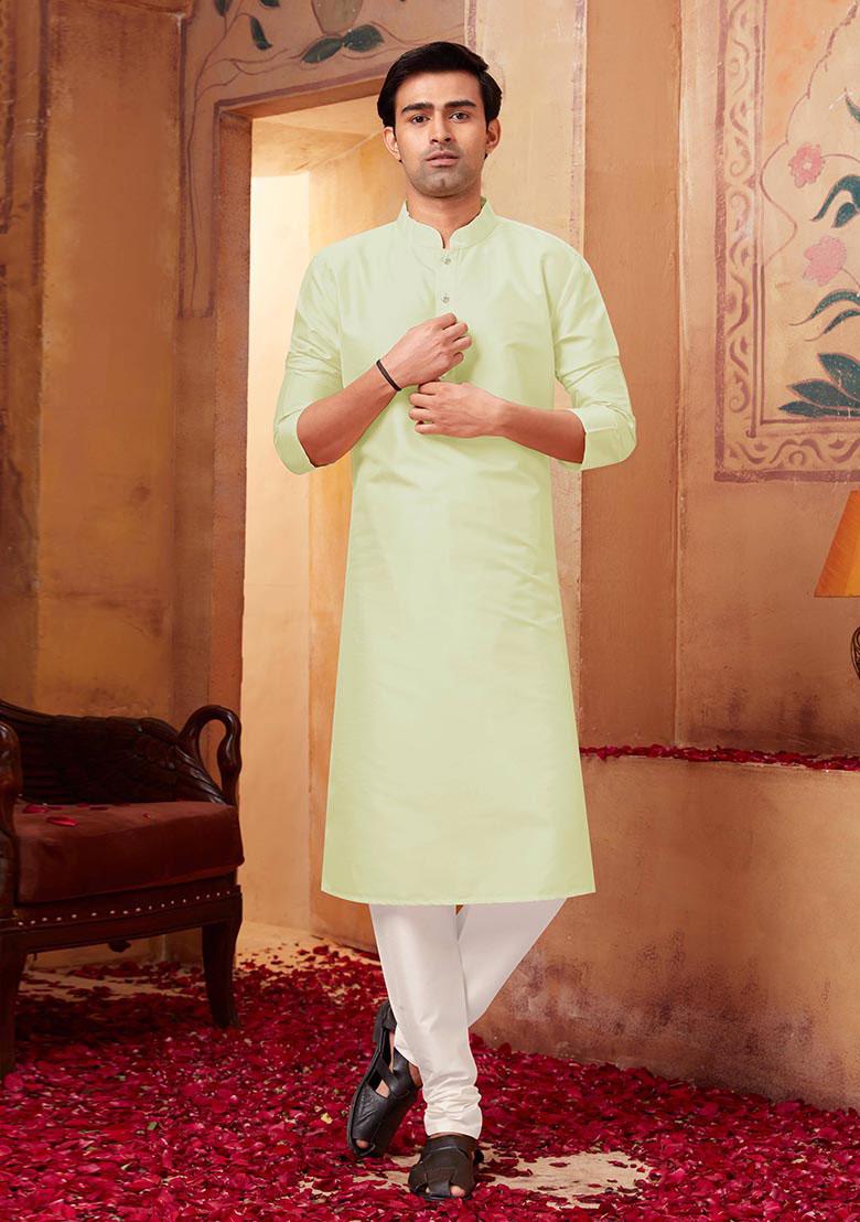 Light Green Solid Silk Kurta Set For Men