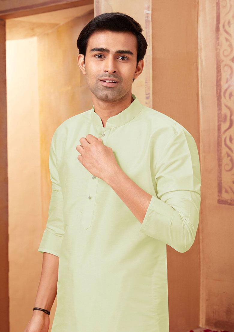 Light Green Solid Silk Kurta Set For Men