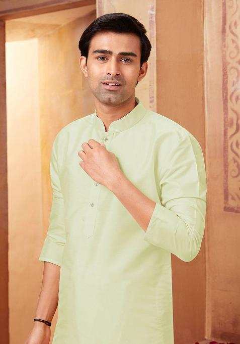 Light Green Solid Silk Kurta Set For Men