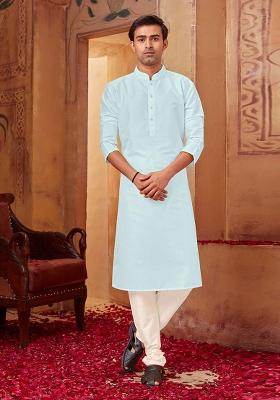 Light Blue Solid Silk Kurta Set For Men