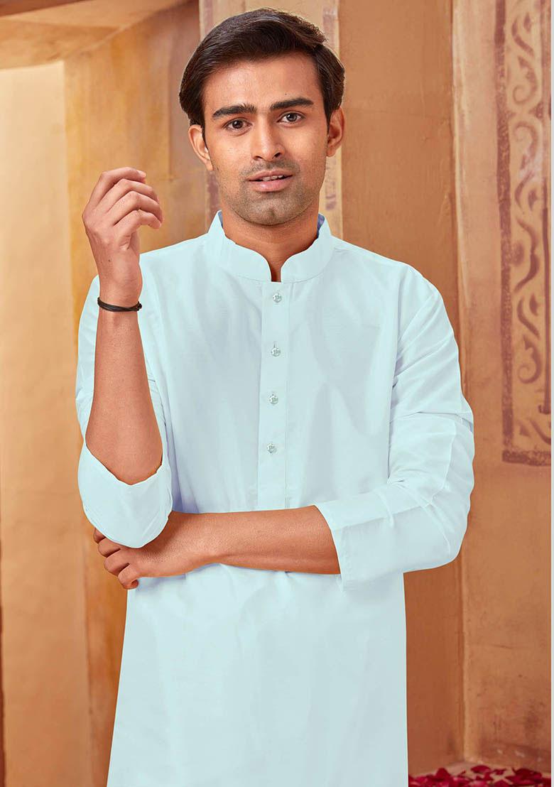 Light Blue Solid Silk Kurta Set For Men