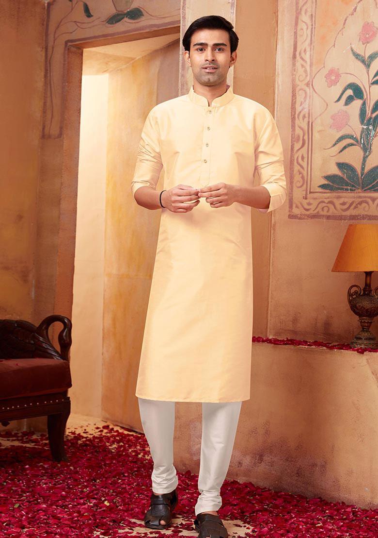 Light Beige Solid Silk Kurta Set For Men