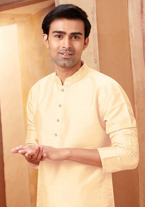 Light Beige Solid Silk Kurta Set For Men