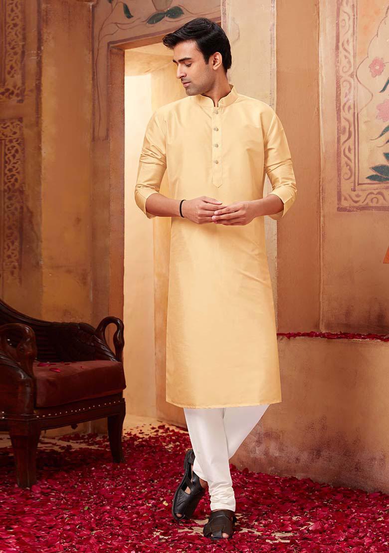 Light Beige Solid Silk Kurta Set For Men