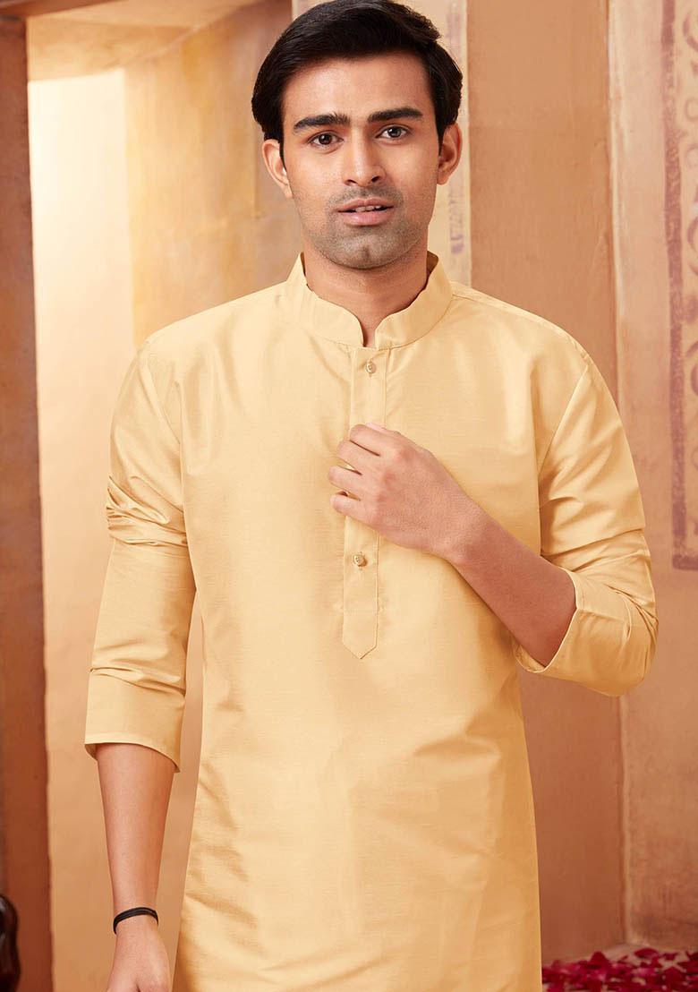 Light Beige Solid Silk Kurta Set For Men