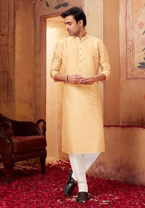 Light Beige Solid Silk Kurta Set For Men