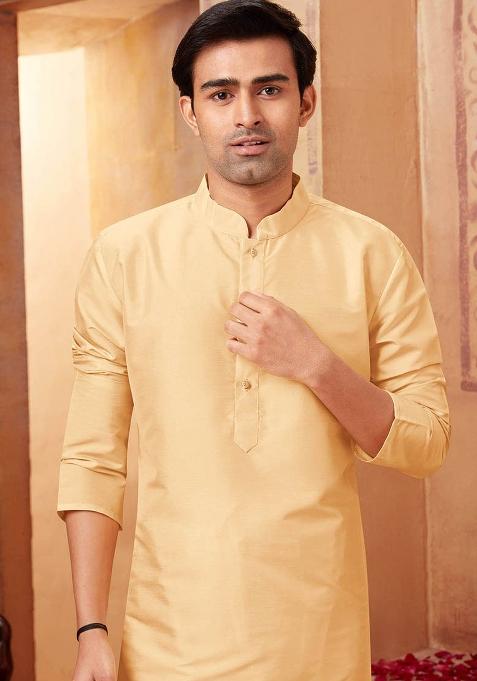 Light Beige Solid Silk Kurta Set For Men