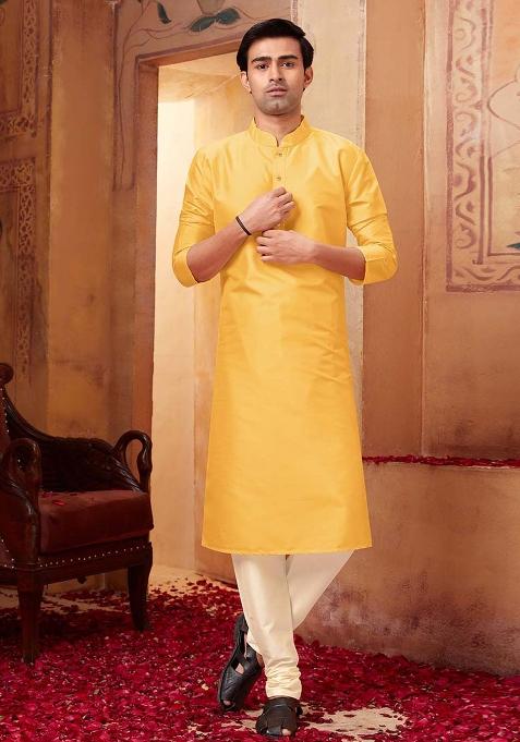Yellow Solid Silk Kurta Set For Men