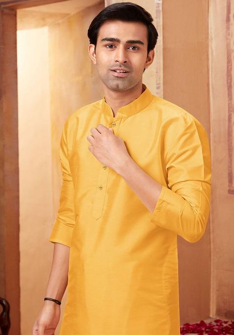 Yellow Solid Silk Kurta Set For Men